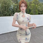 新款 新中式 国风高级改良旗袍连衣裙女夏季 气质收腰显瘦包臀短裙子