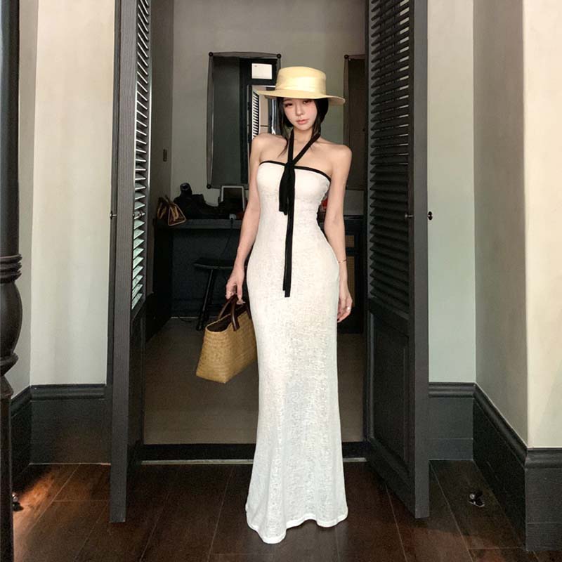 法式辣妹挂脖抹胸连衣裙女