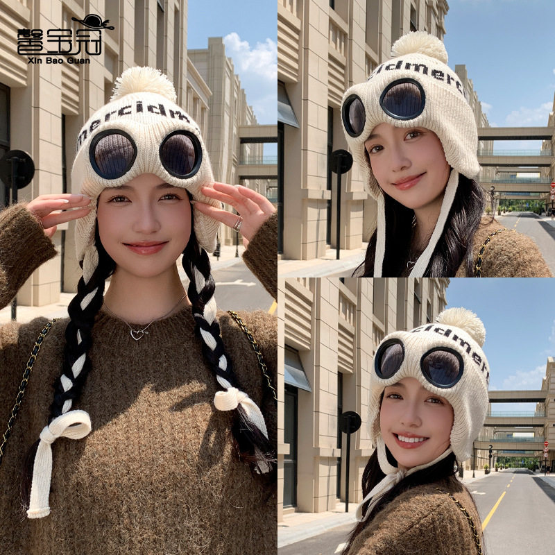 冬季带眼镜套头帽子女户外防寒保暖护耳雷锋帽时尚毛球针织毛线帽