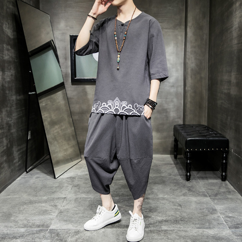 summer man Short sleeved T-shirt Trend printing Elbow sleeve Men's suit Chinese style Easy Flax T-shirtin the Men's clothing, T-shirt  category - from Buy2taobao.com to provide professional Taobao agent buy service