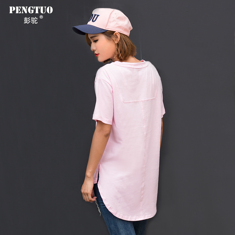 中长款短袖t恤女夏季宽松遮屁股前短后长下摆分叉浅粉色情侣上衣T