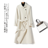 篙端轻奢美丽诺羊毛呢大衣2024秋冬中长款 系带收腰双面羊绒外套