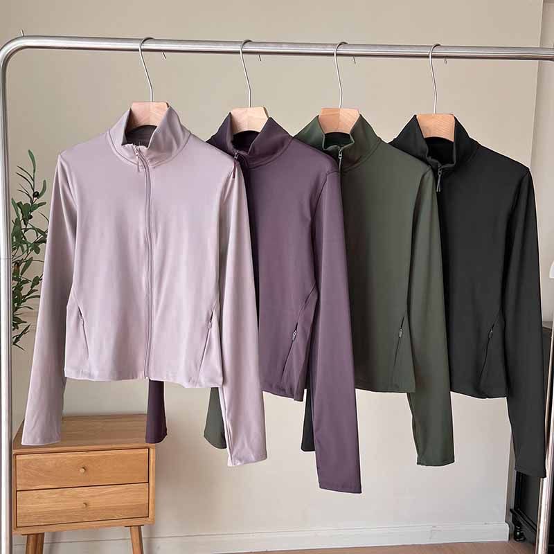 日单试衣间高弹力立领拉链夹克修身运动健身短款瑜伽外套