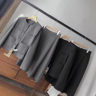 篙端小禾~木巨3400+时髦通勤羊毛莫代尔圆领垫肩西装百褶半身长裙