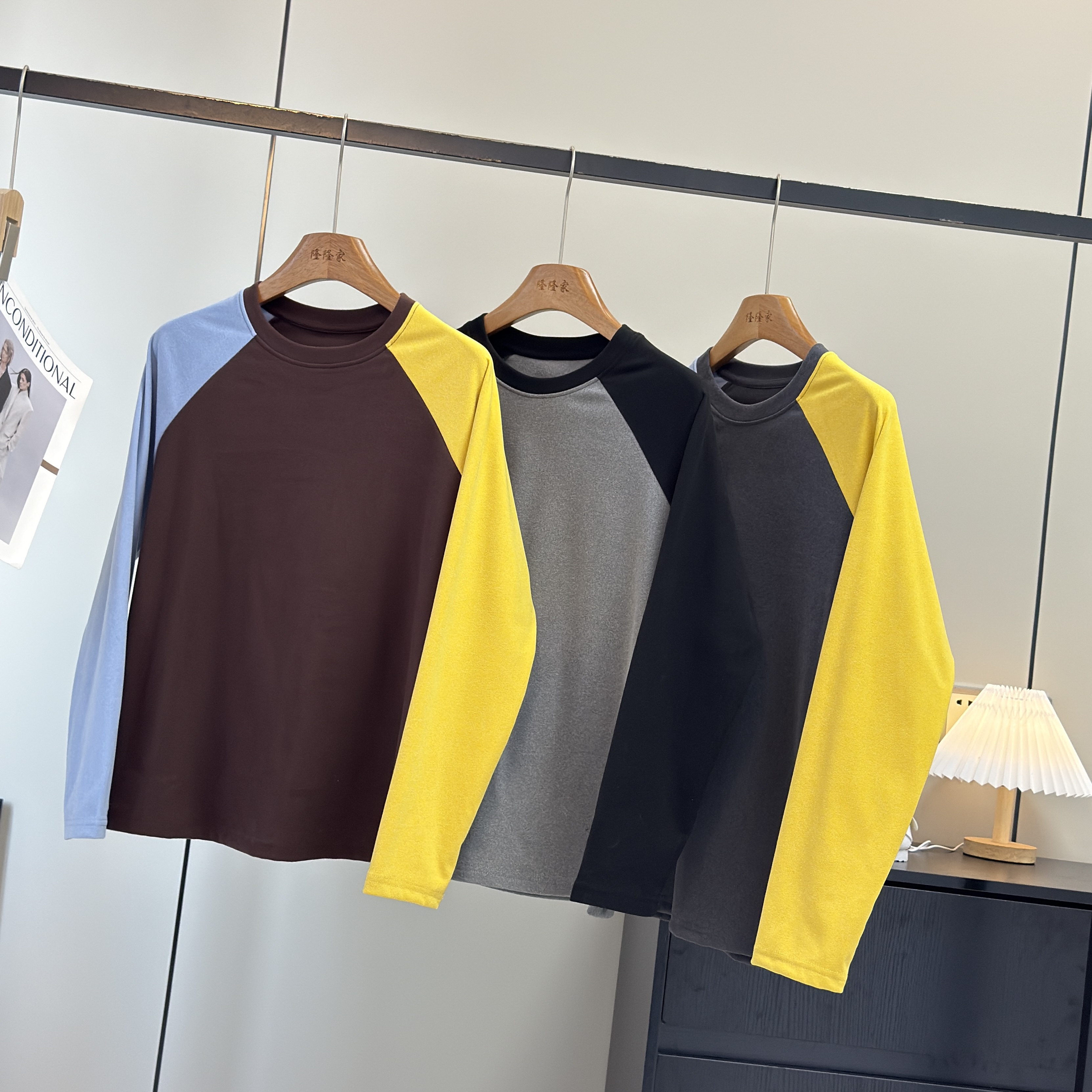 大厂订单！时髦撞色插肩袖舒适亲服发热德绒保暖打底T恤秋冬上衣