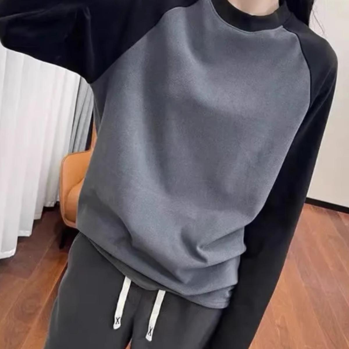 圆领拼色插肩袖双面发热德绒T恤