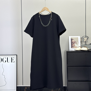 篙端奢华“天鹅颈”jin口三醋酸抗皱发凉垂坠短袖T恤裙开叉连衣裙