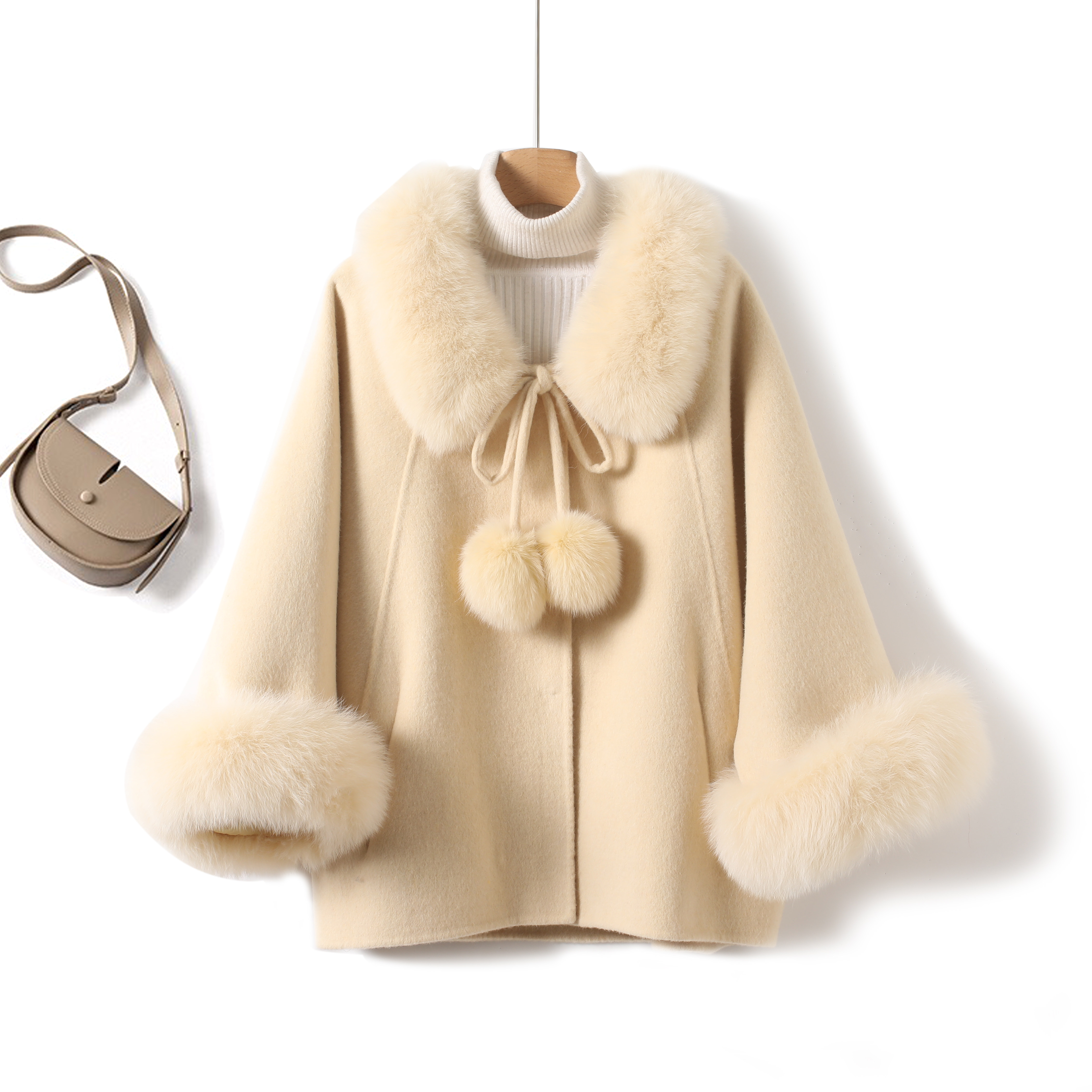 轻奢篙端！狐狸毛领~宽松气质小个字绵羊毛双面呢大衣斗篷呢外套