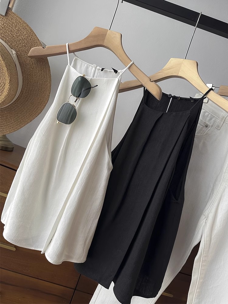 包邮优雅极简亚麻混纺吊带衬衫