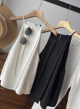 西班牙单~M系の木巨490！法式优雅极简亚麻混纺无袖吊带衬衫女夏