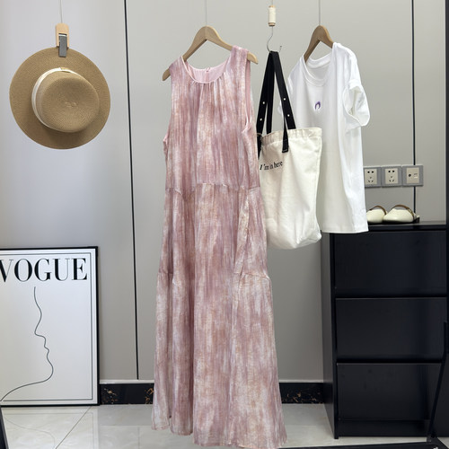 法式轻奢！70天丝亚麻混纺扎染透气薄纱度假粉无袖背心裙连衣裙女