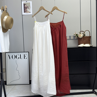 轻盈飘逸~天然100苎麻通透细腻有筋骨感重工绣花碎褶吊带裙连衣裙