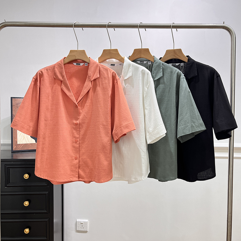 出岛国优货！百搭西装领极简风亚麻混纺舒适透气短袖衬衫女上衣夏