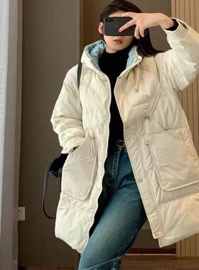 宽松中长款抽绳收腰连帽保暖棉服