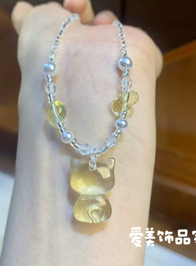爱美饰品家黄水晶项链清新软妹猫咪颈链ins小众可爱女生水晶项链