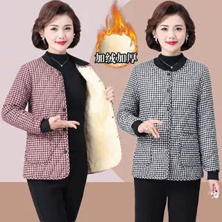 中老年新款棉衣时尚格子加绒棉袄外套女妈妈洋气秋冬加厚保暖棉服