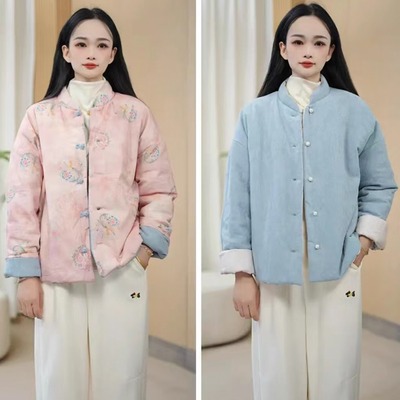 手工碎花棉袄印花宽松盘扣立领加厚保暖棉衣冬季网红中式棉外套女
