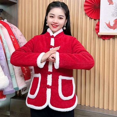 中式盘扣花棉袄中国风加绒加厚小花袄冬季洋气新年战袍棉衣棉服女