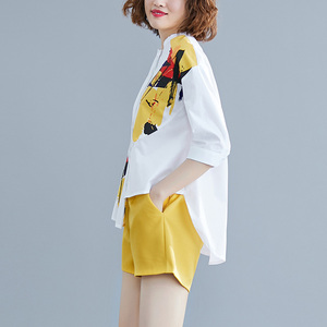 RM17793#大码女装遮肚显瘦套装夏季韩版文艺减龄衬衫+短裤两件套