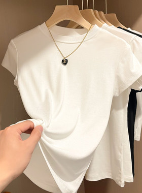 2026早春新款短袖T恤女正肩白色夏季半高领上衣服修身T恤打底衫