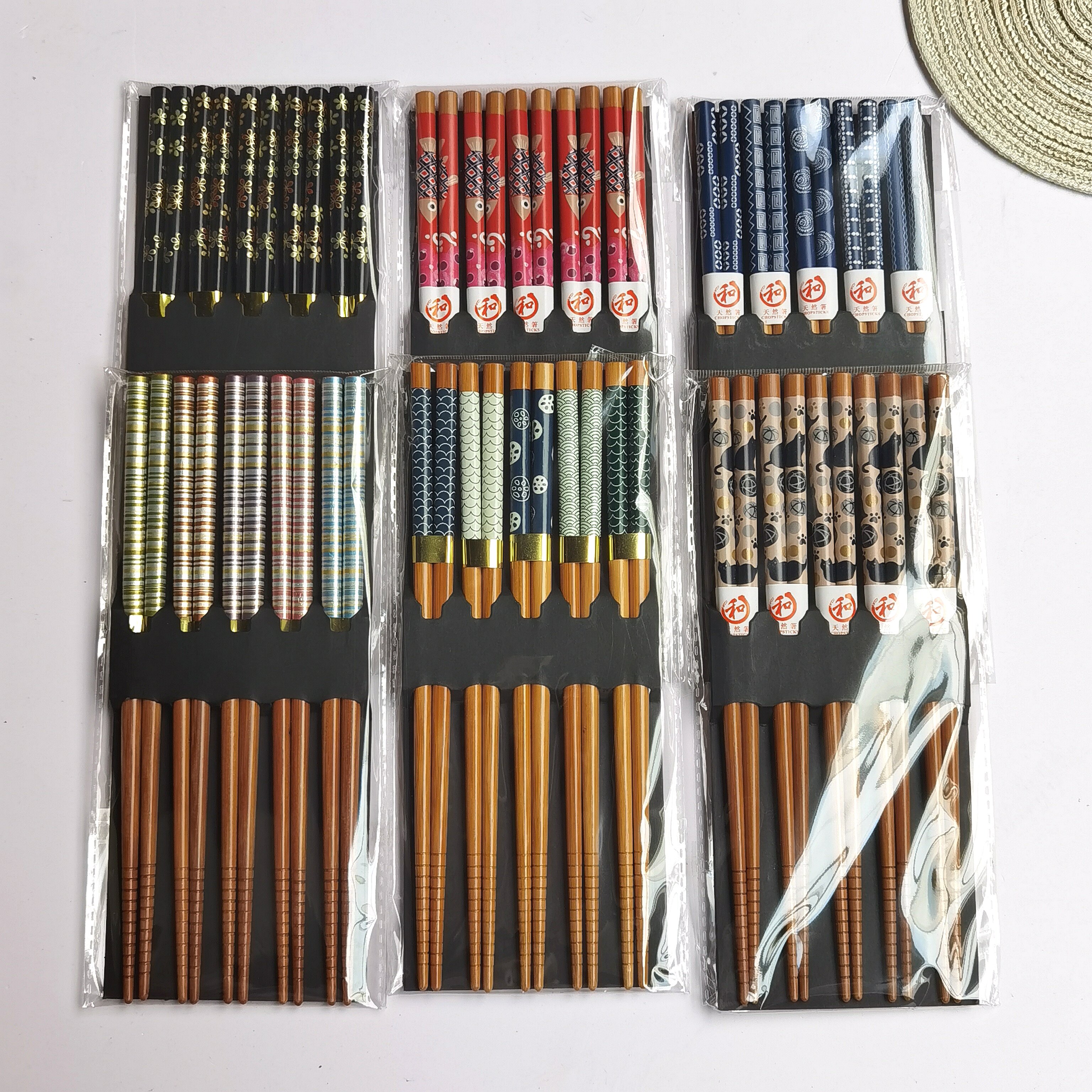 日式5双天然竹筷子家居餐具套装防滑头彩色印花家用筷纸卡袋装