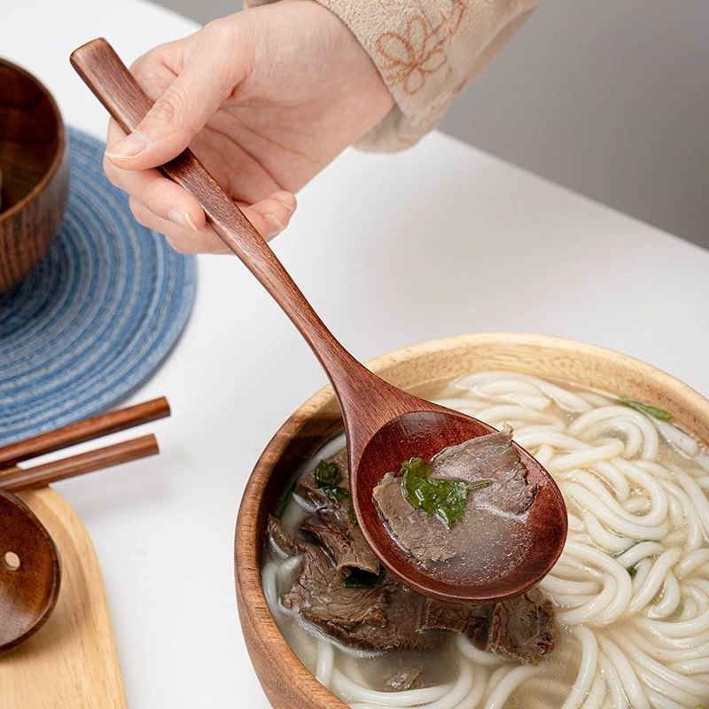 日式实木特大号勺子大号吃饭干饭人网红吃播同款木头勺子长柄木勺 - 实物图