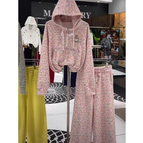 小个子拼接慵懒印花连帽卫衣外套女新款气质时尚百搭显瘦重工套装