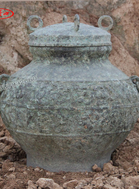 仿古青铜器链子壶 酒器错银老锈斑铜缶古玩工艺品摆件提链壶展品