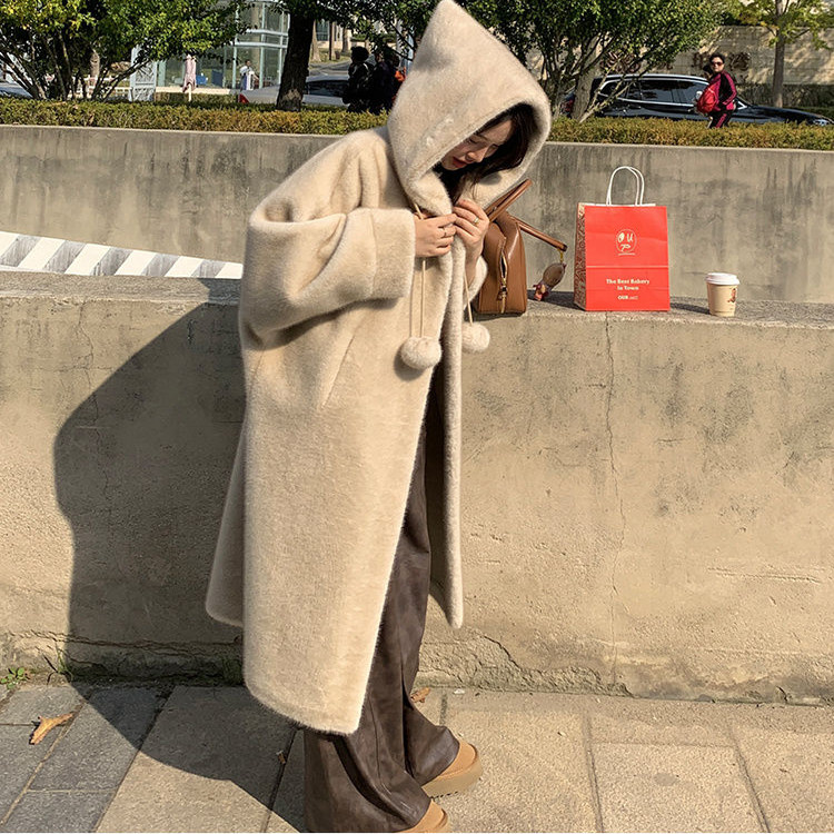 秋冬季连帽加厚长款仿水貂绒女巫大衣皮毛一体环保皮草毛毛外套女
