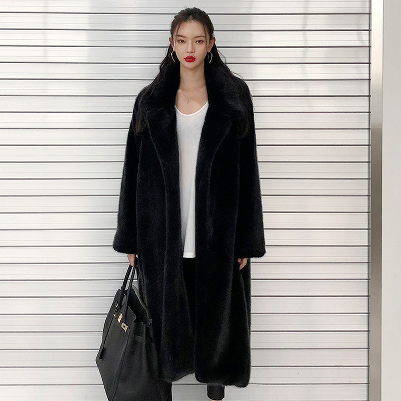 2021年水貂皮草秋冬加厚黑色毛毛外套女长款羊羔毛大衣冬季年轻款