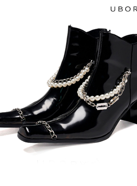 UBORYA设计师原创欧美秋冬珍珠链条方头高跟短靴拉链细跟黑色真皮