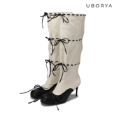 UBORYA设计师原创芭蕾长筒靴女堆堆可调节蝴蝶结优雅高跟圆头可爱