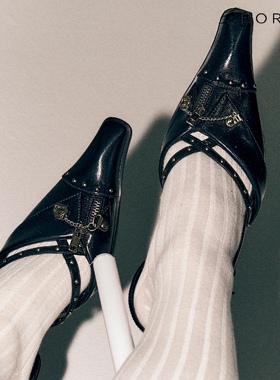 UBORYA设计师原创/魔法师/包头方跟高跟细跟凉鞋女真皮一字带拉链