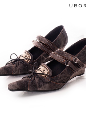 UBORYA设计师原创/废弃工厂/尖头坡跟单鞋女欧美中跟牛仔扎染扣带