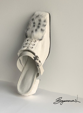 UBORYA×GENDERLESS联名/复古中性马毛拼环保皮草优雅奶白色拖鞋