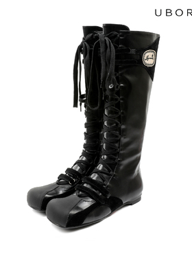 UBORYA设计师品牌/暗黑圆头系带舒适百搭复古小众平底运动高靴