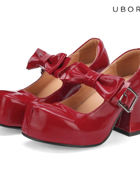 漫画少女/失落樱桃/可爱纯欲玛丽珍厚底高跟牛皮蝴蝶结增高女皮鞋
