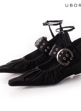UBORYA设计师原创/呆滞玛丽/尖头坡跟单鞋女包头缎面浅口柳丁搭扣