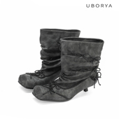 UBORYA原创设计褶皱方头灰牛仔小猫跟阔筒朋克芭蕾靴蝴蝶结