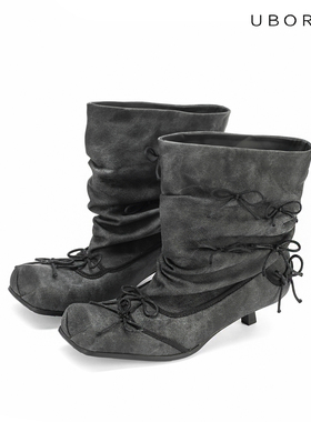 UBORYA原创设计褶皱方头灰牛仔小猫跟阔筒朋克芭蕾靴蝴蝶结