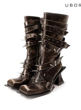 浪姐5孟佳同款蒋芸同款/不灭刺客方头擦色帅气暗黑真皮铆钉女靴