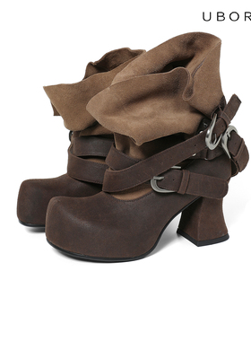 UBORYA原创漫画少女/秋日漫步棕色两种穿法圆头阔腿秋季女堆堆靴