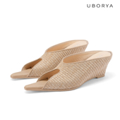UBORYA设计师原创鱼嘴凉鞋 女米色编织草革生态松弛感坡跟懒人便鞋