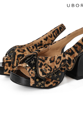 UBORYA原创漫画少女/小财猫豹纹牛皮朋克复古辣妹粗跟鱼嘴女凉鞋