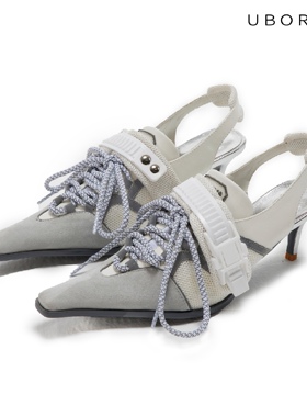 UBORYA小众女款运动银灰色帅气辣妹单鞋尖头高跟细跟真皮包头气质