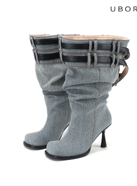 UBORYA做旧蓝牛仔裤皮带扣街头辣妹百搭都市游牧风圆头堆堆靴女