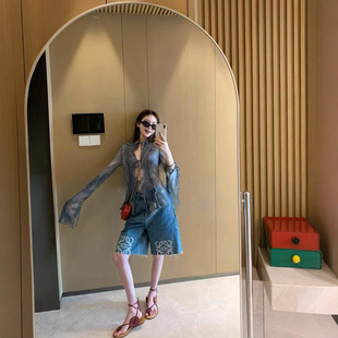 本 休闲百搭阔腿五分牛仔裤 夏季 罗家小众设计绣花短裤 女 新款 高版