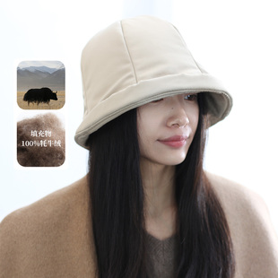 饮水鸟藏地100牦牛绒填充极简风渔夫女盆帽保暖显脸小水桶帽25冬