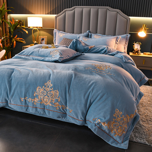 欧式高档刺绣牛奶绒四件套加厚双面珊瑚绒床单被套秋冬季床上用品