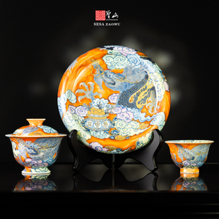 旬真堂原创景德镇青花矾红五蕴描金聚宝盆龙纹茶具盖碗茶杯